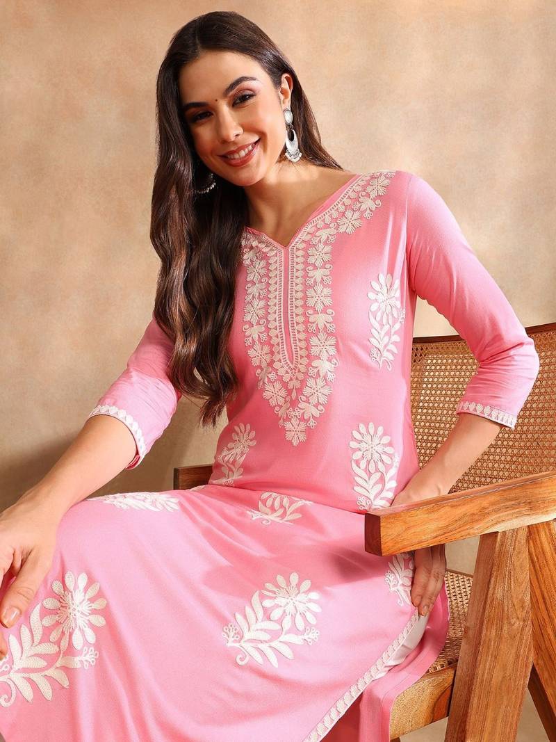 Women Pink color rayon blend embroidered fancy Only kurta