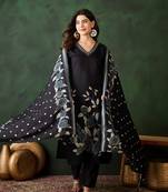 Black printed art silk v neck kurta sets
