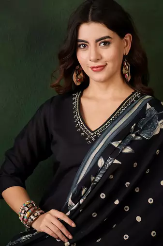Black printed art silk v neck kurta sets