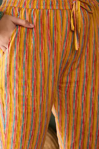 Mustard printed cotton round neck kurta sets