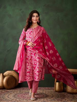 Pink printed cotton round neck kurta sets 1