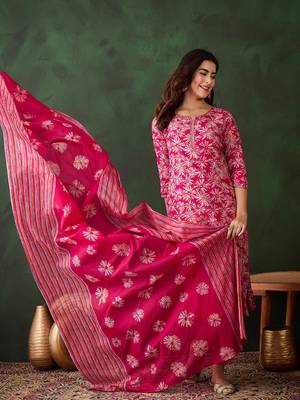 Pink printed cotton round neck kurta sets 3