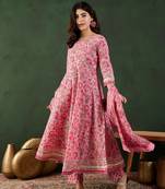 Pink printed cotton round neck kurta sets