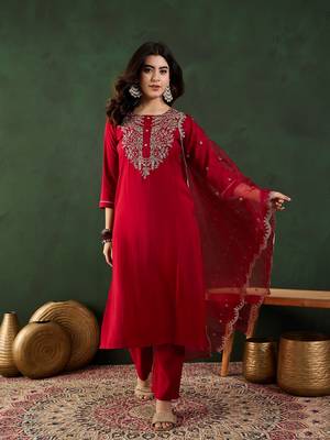 Maroon embroidered art silk round neck kurta sets 1