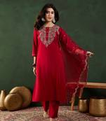 Maroon embroidered art silk round neck kurta sets