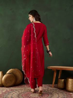 Maroon embroidered art silk round neck kurta sets 2