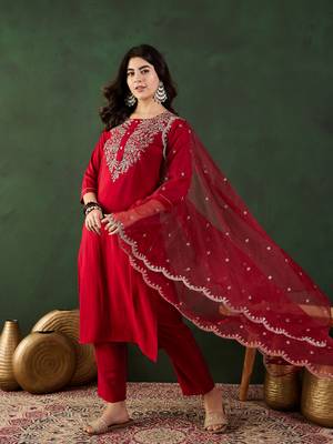 Maroon embroidered art silk round neck kurta sets 3