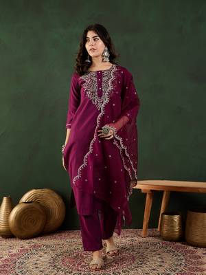 Wine embroidered art silk round neck kurta sets 1