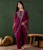 Wine embroidered art silk round neck kurta sets