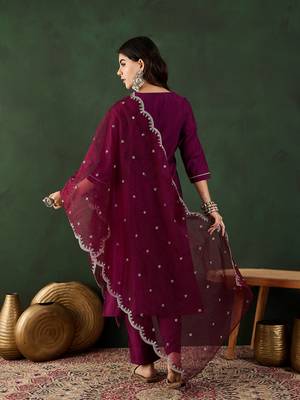 Wine embroidered art silk round neck kurta sets 2