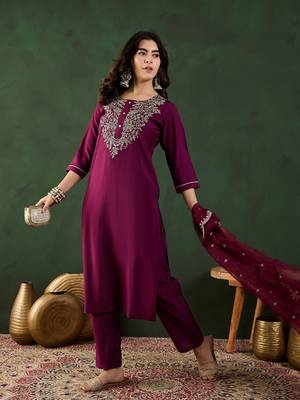 Wine embroidered art silk round neck kurta sets 3