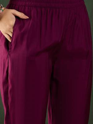 Wine embroidered art silk round neck kurta sets 4