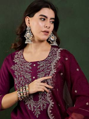 Wine embroidered art silk round neck kurta sets 5