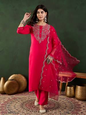 Dark coral embroidered art silk round neck kurta sets 1