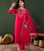 Dark coral embroidered art silk round neck kurta sets