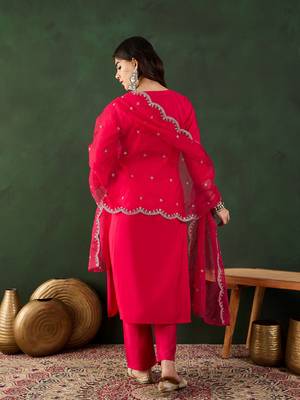 Dark coral embroidered art silk round neck kurta sets 2