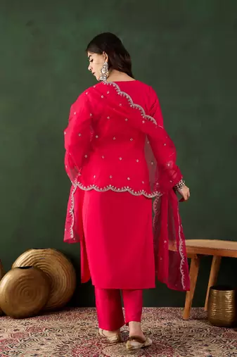 Dark coral embroidered art silk round neck kurta sets