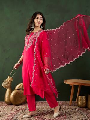 Dark coral embroidered art silk round neck kurta sets 3