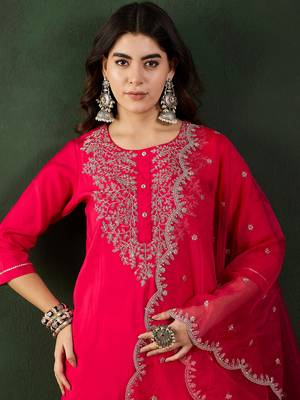 Dark coral embroidered art silk round neck kurta sets 4