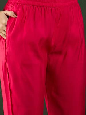 Dark coral embroidered art silk round neck kurta sets 5