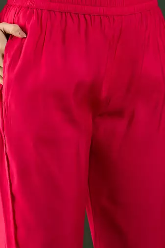 Dark coral embroidered art silk round neck kurta sets