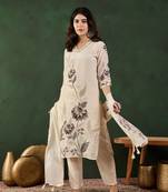 Cream embroidered crepe v neck kurta sets