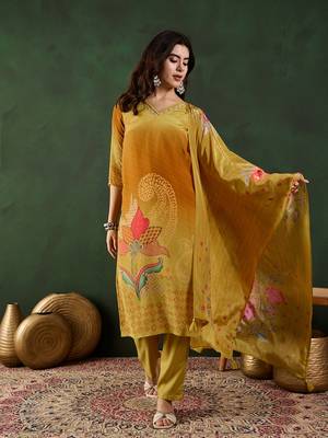 Mustard embroidered crepe v neck kurta sets 1