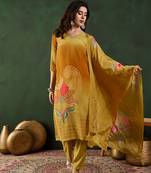 Mustard embroidered crepe v neck kurta sets