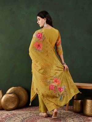 Mustard embroidered crepe v neck kurta sets 2