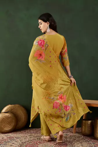 Mustard embroidered crepe v neck kurta sets