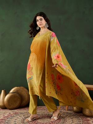 Mustard embroidered crepe v neck kurta sets 3
