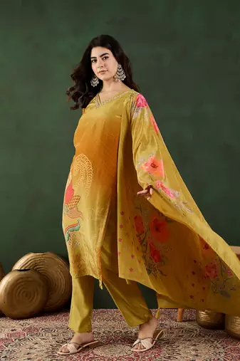 Mustard embroidered crepe v neck kurta sets