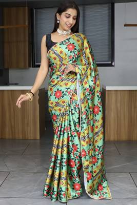 Green pearl lace satin  saree with unstitched blouse 2
