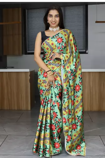 Green pearl lace satin  saree with unstitched blouse
