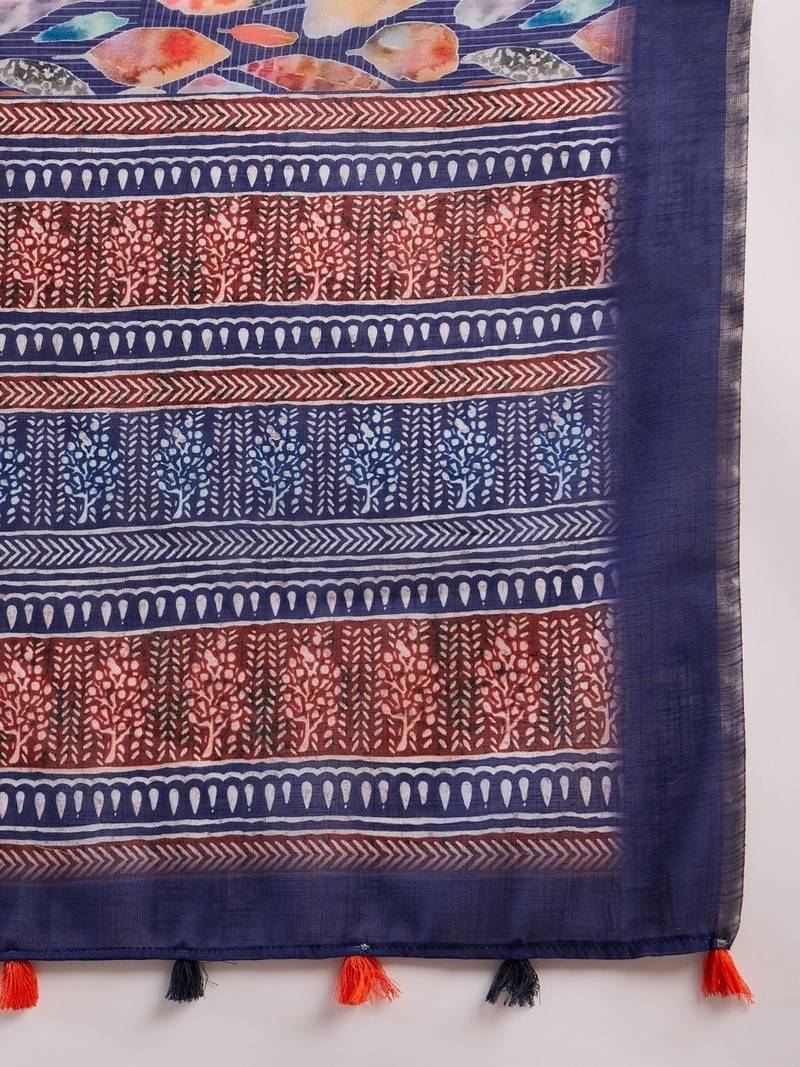 women blue linen blend abstract printed saree