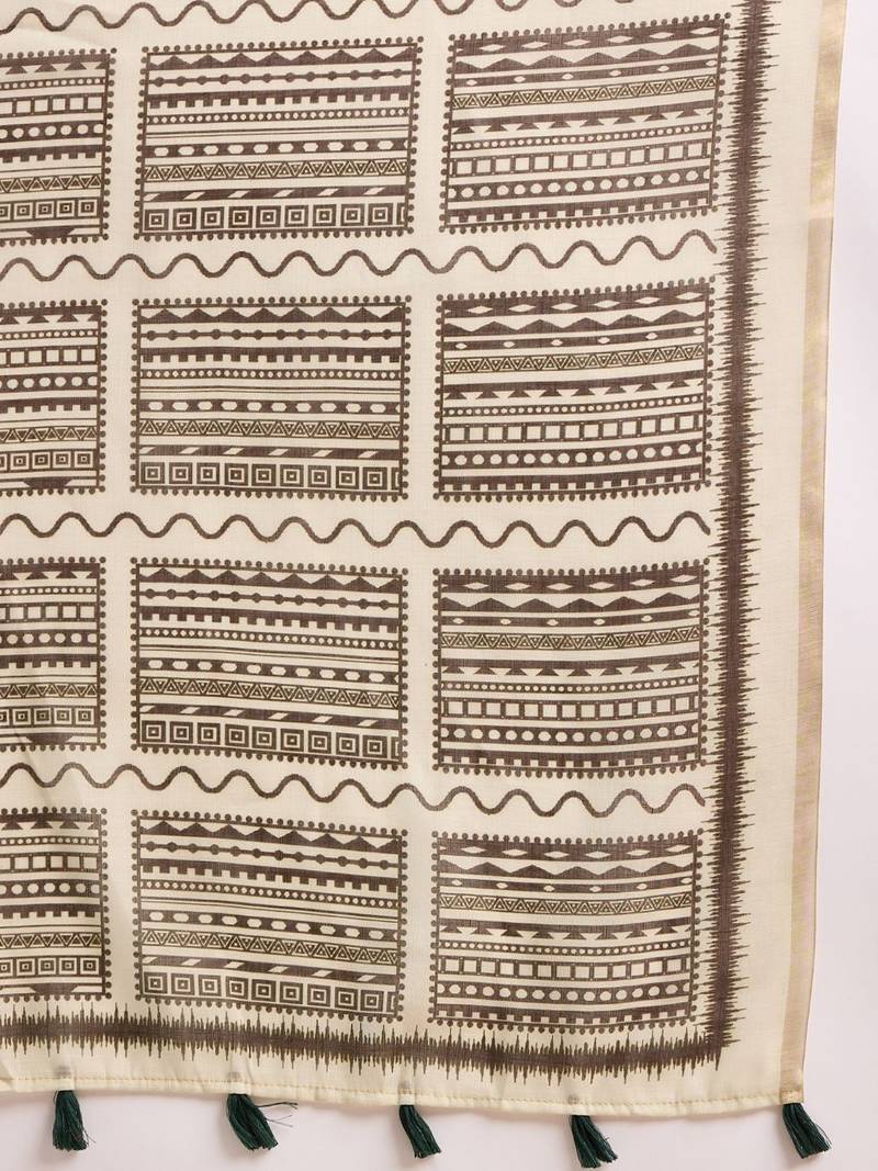 women off white linen blend geometric printed saree