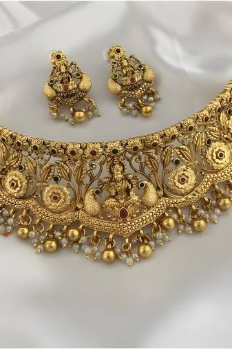 Traditional gold-plated temple choker necklace set handcrafted ethnic jewelry for weddings & festivals