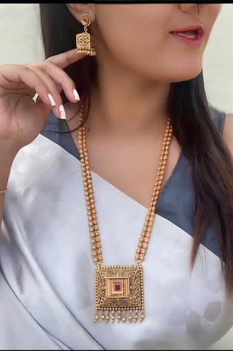 Handcrafted long gold-plated necklace with square pendant | traditional ethnic jewelry for women