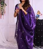 Purple zimmy chu fabric with embroidered sequin and moti work saree with unstitched blouse