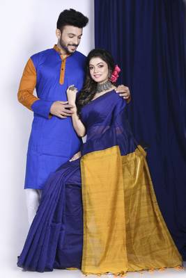 Tibetian poppy blue- kurta & saree couple set 1