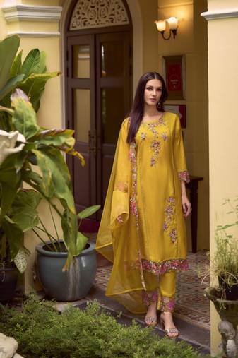 Mustard embroidered viscose free size stitched straight pant. (size Free size full stitched Up To 42")