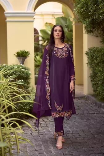 Purple embroidered viscose free size stitched straight pant.(size Free size full stitched Up To 42")