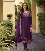 Purple embroidered viscose free size stitched straight pant.(size Free size full stitched Up To 42")