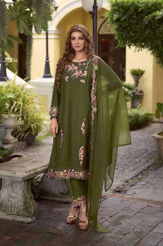 Green embroidered viscose free size stitched straight pant.(size Free size full stitched Up To 42")