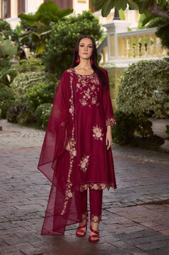 Maroon embroidered viscose free size stitched straight pant.(size Free size full stitched Up To 42")