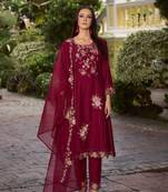 Maroon embroidered viscose free size stitched straight pant.(size Free size full stitched Up To 42")
