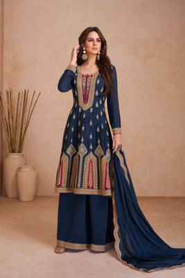 Blue embroidered chinnon free size stitched palazzo anarkali.(size Free size full stitched Up To 42") 1