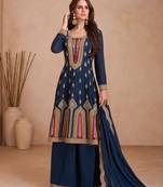 Blue embroidered chinnon free size stitched palazzo anarkali.(size Free size full stitched Up To 42")