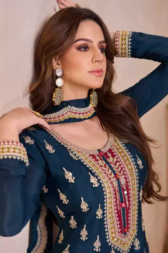 Blue embroidered chinnon free size stitched palazzo anarkali.(size Free size full stitched Up To 42")