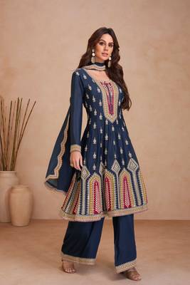 Blue embroidered chinnon free size stitched palazzo anarkali.(size Free size full stitched Up To 42") 3